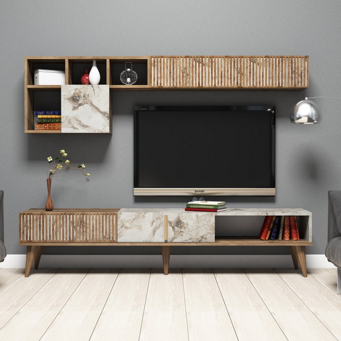 Hanah Home Milan - Unidad de TV Nogal y Blanco con Estanterías Hanah Home Milan - Unidad de TV Nogal y Blanco con Estanterías